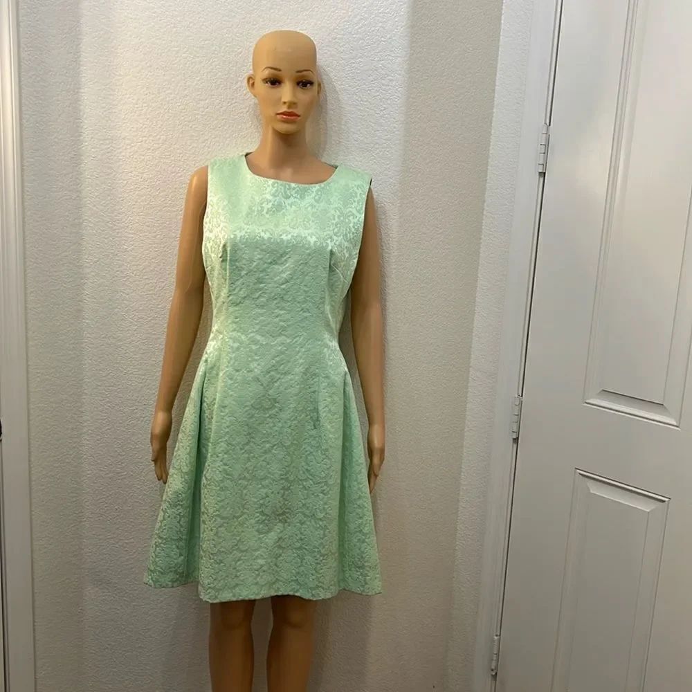 New York & Co Dress Sz 14 Eva Mendes Maria Green Jacquard Scoop Neck Sleeveless